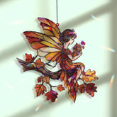 Fairy Acrylic Suncatcher, Stained Glass Style Autumn Fairy with Squirrel Window Hanging, Fantasy Nature Home Décor Gift for Fall Lovers